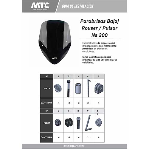 PARABRISA BAJAJ ROUSER NS200 (NEGRO) CON SOPORTES 3MM MTC
