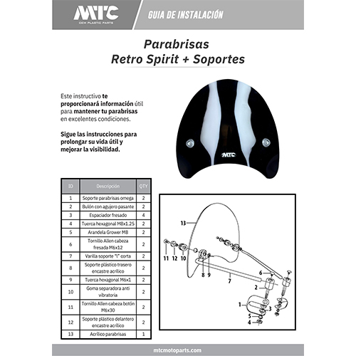 PARABRISAS NEGRO UNIVERSAL FARO REDONDO CON SOPORTES RETRO SPIRIT MTC (NAC)