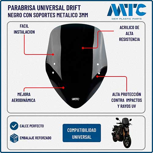PARABRISA UNIVERSAL DRIFT (NEGRO) CON SOPORTES METALICO 3MM MTC (NAC)