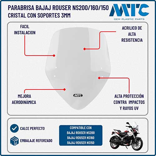 PARABRISA BAJAJ ROUSER NS200 (CRISTAL) CON SOPORTES 3MM MTC (NAC)