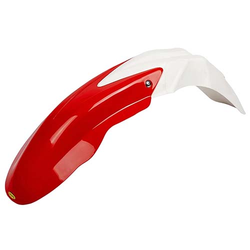 GUARDABARRO DELANTERO CROSS COMPLETO (2 PARTES) COLORES BLANCO/ROJO PLASTICA VC (798R)