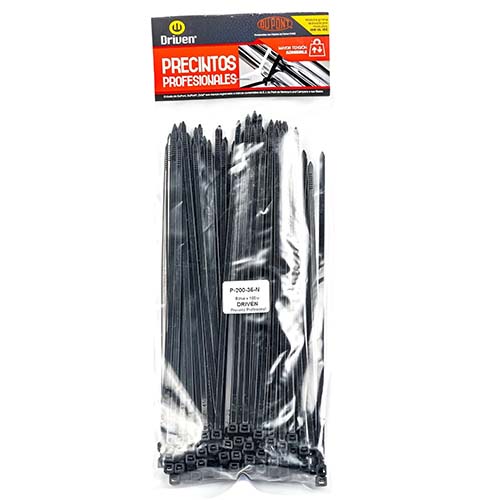PRECINTO BOLSA X 100UN. 200MMX3,6MM NEGRO DRIVEN (P-200-36-N)